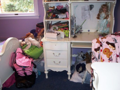 cluttered kids desk