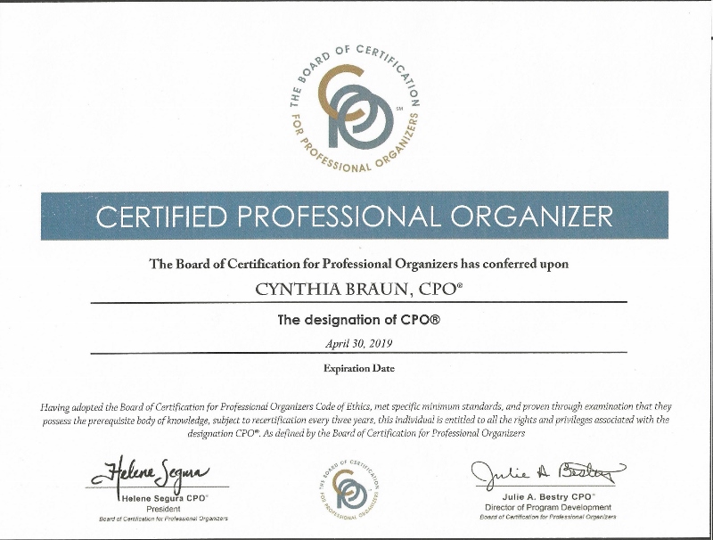 NAPO certification, CPO, for Cynthia Braun